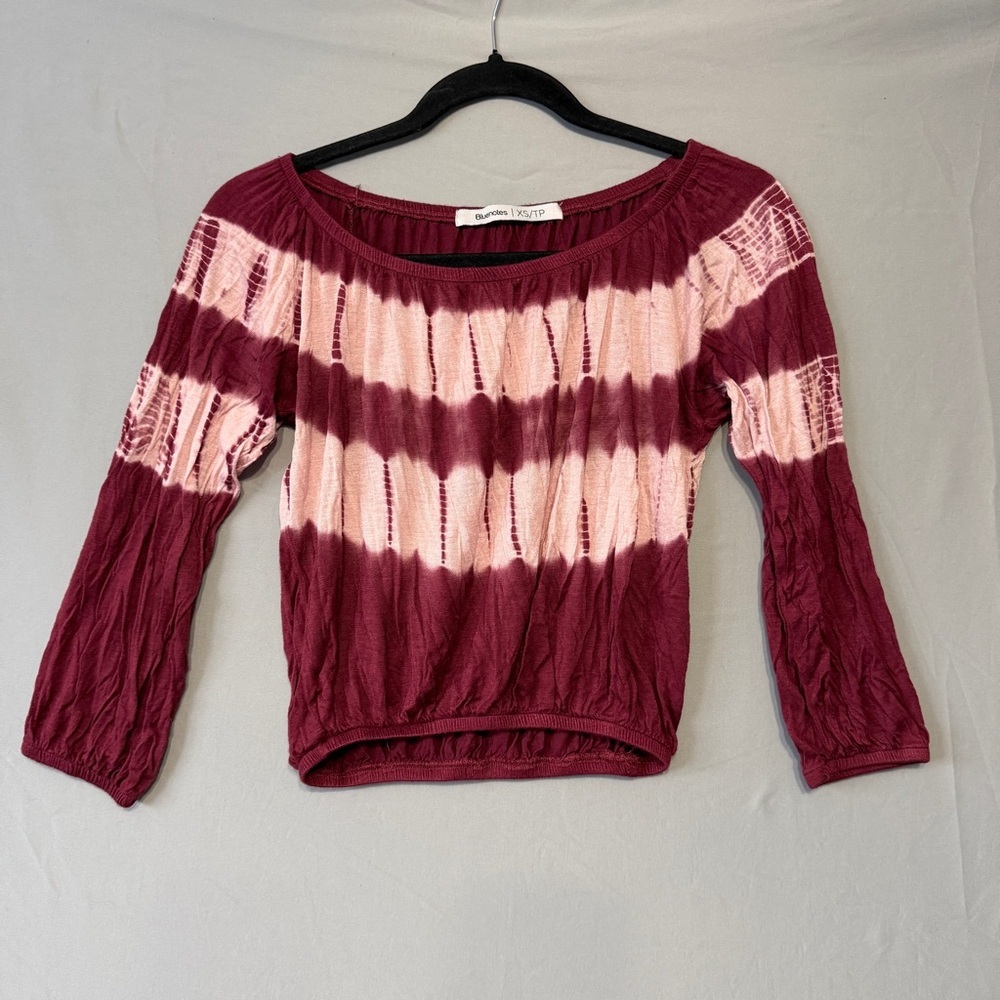 Bluenotes Womens Tie Dye Stripe Boho Cropped Top Size XS Wine Hippie Boat Neck